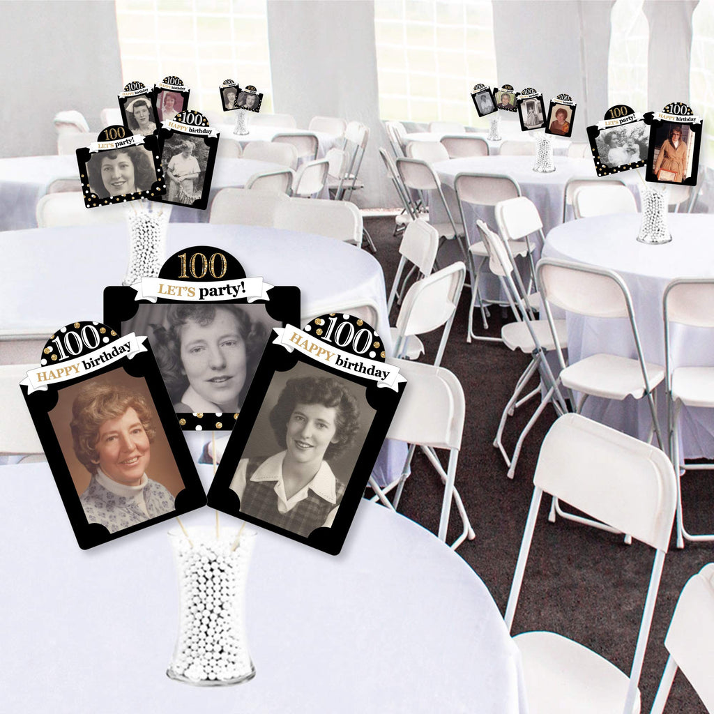 100th Birthday Photo Centerpiece Kit – 15 Gold Double-Sided Photo Holders with Sticks for 4x6 Photos