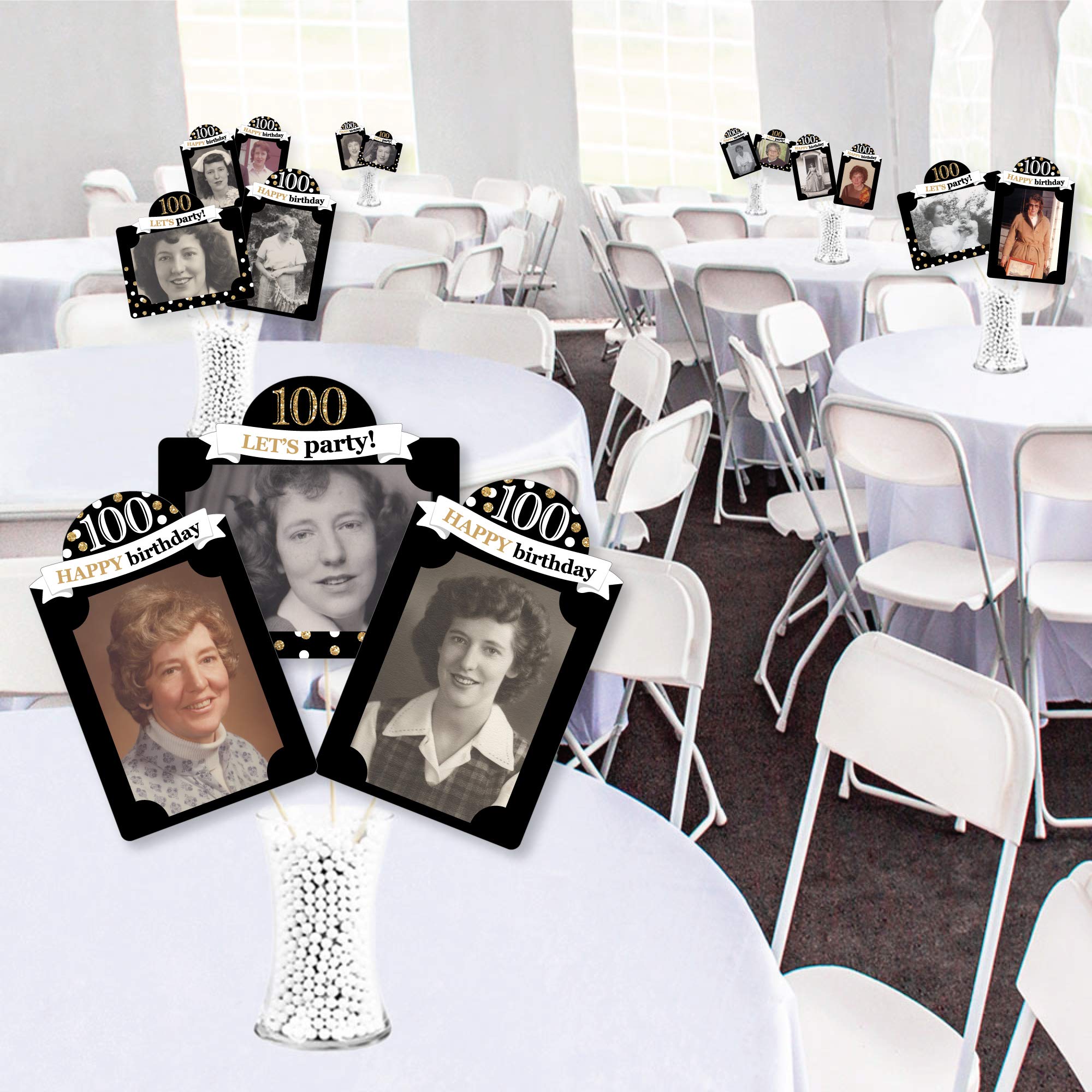 100th Birthday Photo Centerpiece Kit – 15 Gold Double-Sided Photo Holders with Sticks for 4x6 Photos
