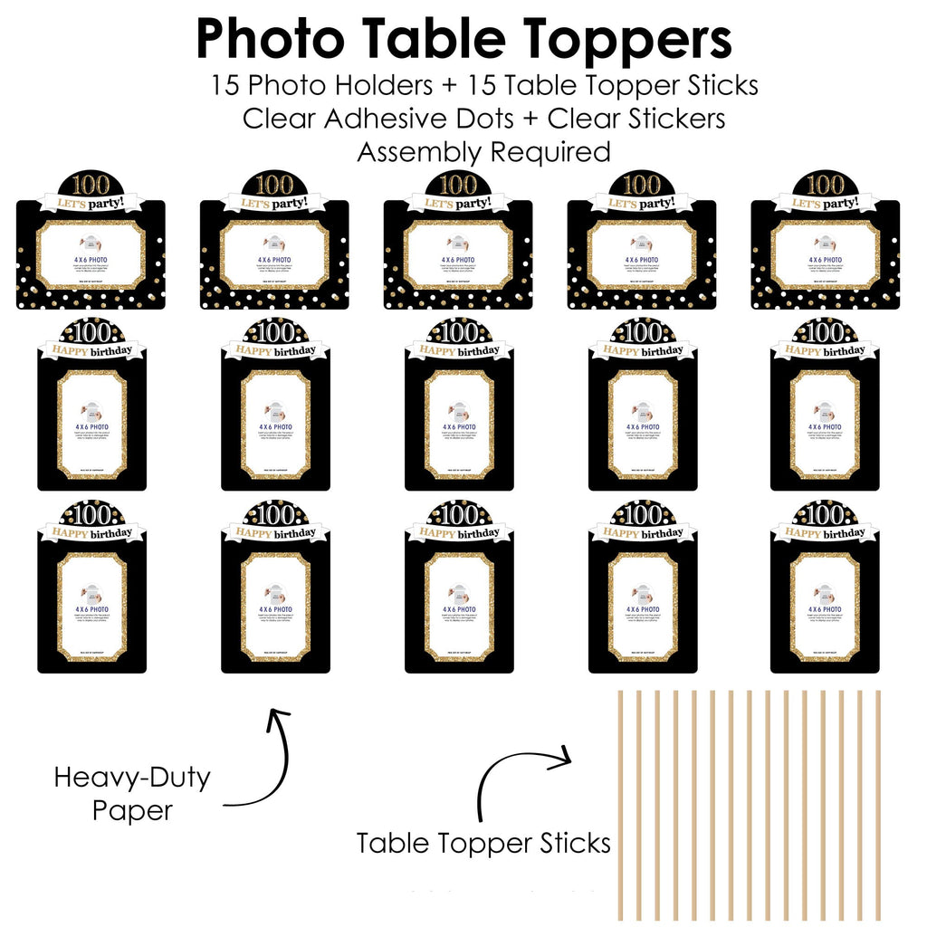 100th Birthday Photo Centerpiece Kit – 15 Gold Double-Sided Photo Holders with Sticks for 4x6 Photos