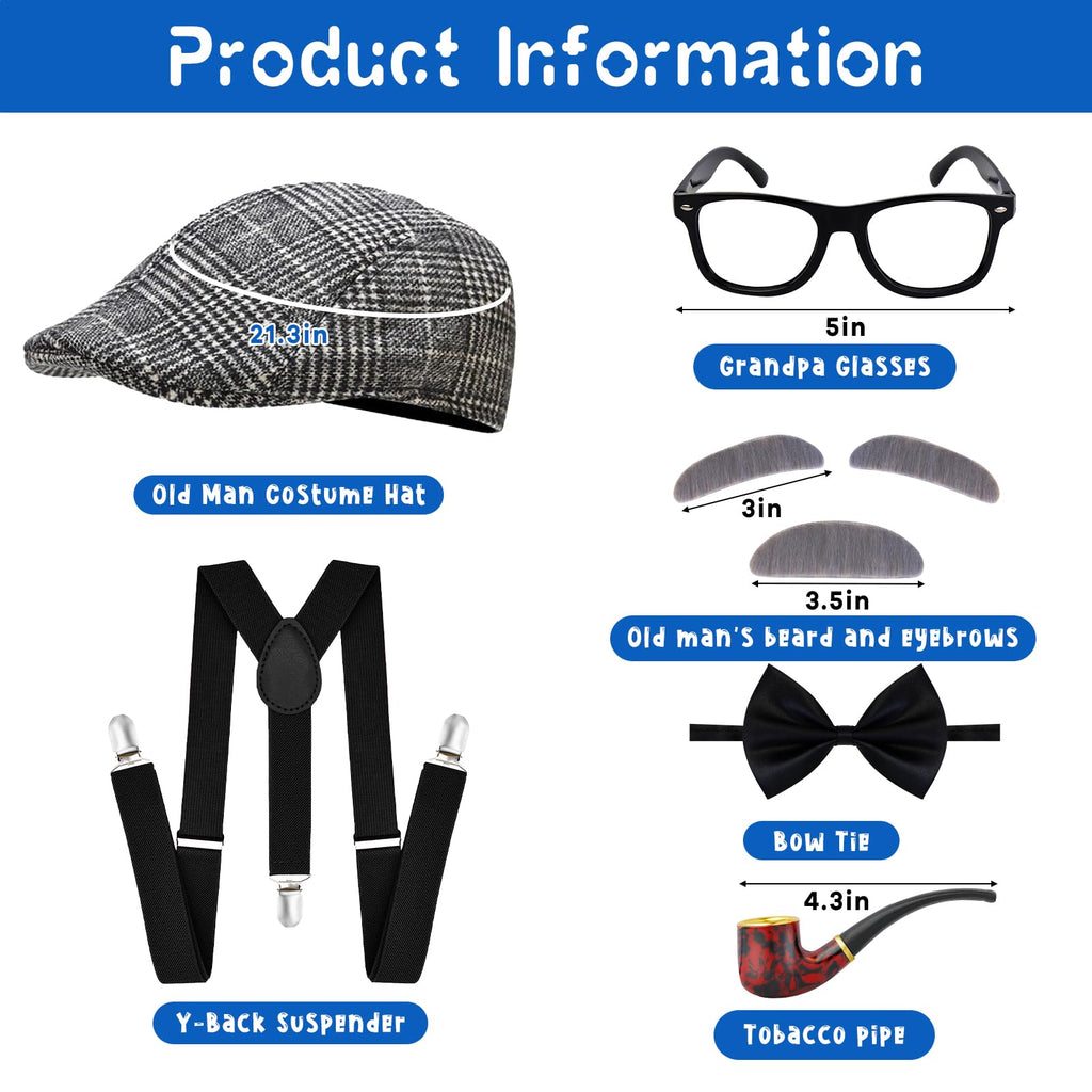 100th Day of School Grandpa Costume Set for Boys – Includes Hat, Suspenders, Glasses, and More