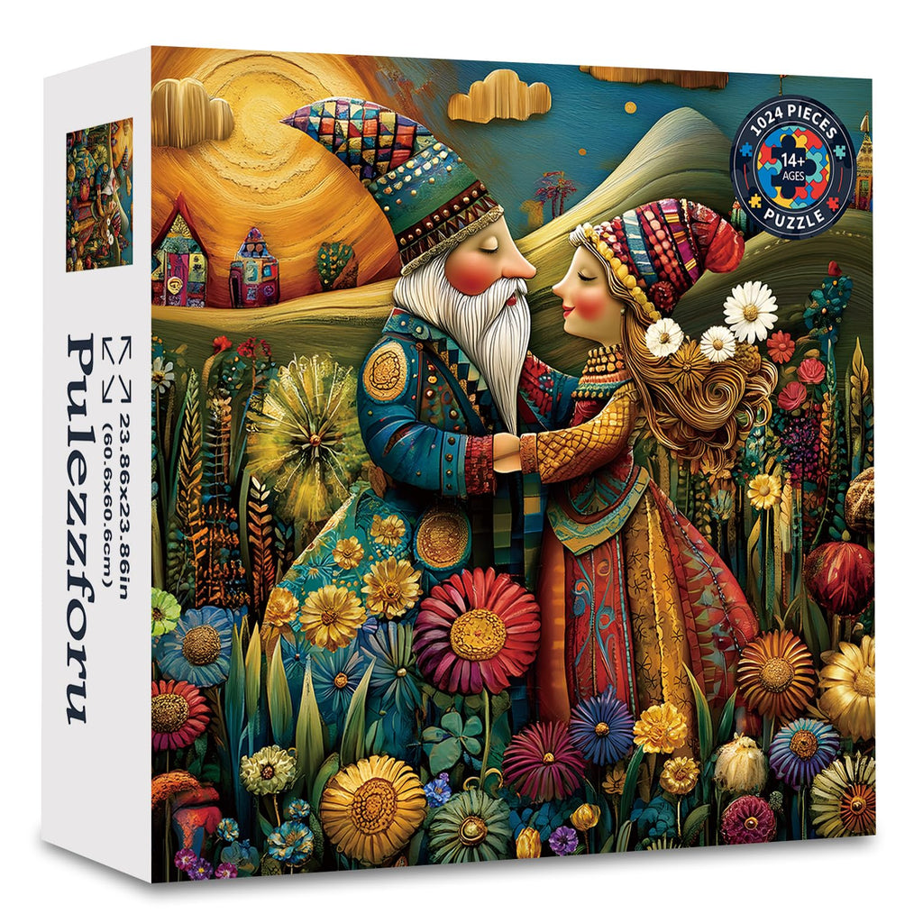 1024-Piece Jigsaw Puzzle for Adults – Bohemian Gnome Couple Floral Field by PULEZZFORU