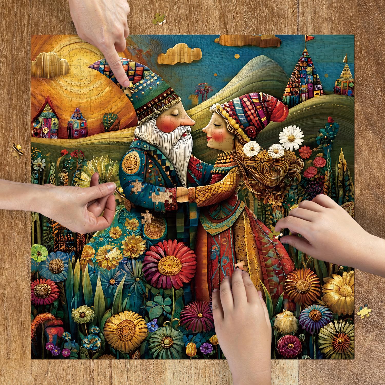 1024-Piece Jigsaw Puzzle for Adults – Bohemian Gnome Couple Floral Field by PULEZZFORU