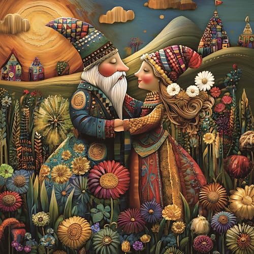 1024-Piece Jigsaw Puzzle for Adults – Bohemian Gnome Couple Floral Field by PULEZZFORU