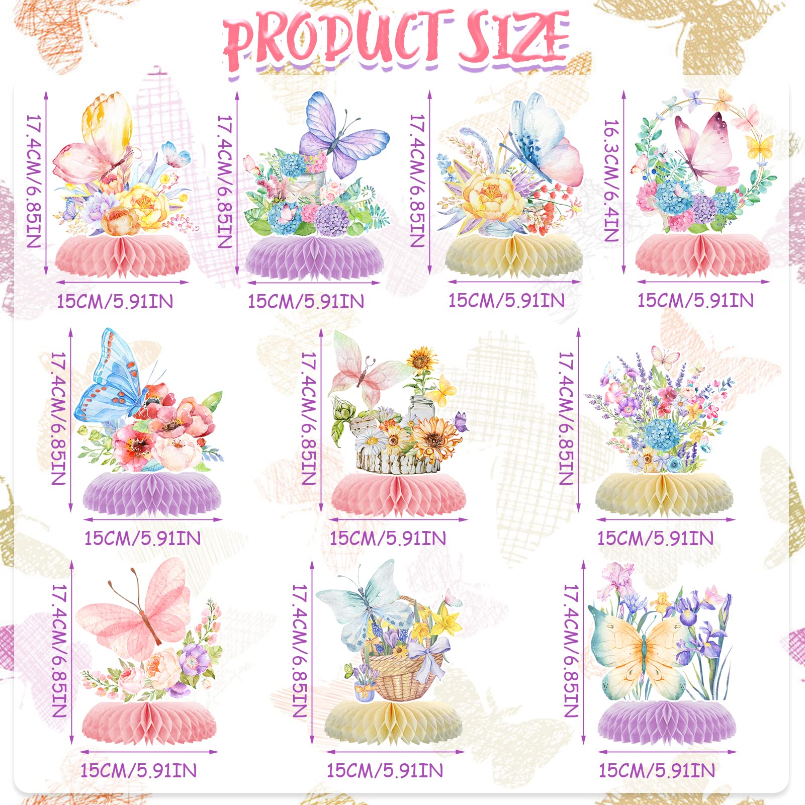 10pcs Butterfly Party Decorations - Spring Pink Purple Butterfly Flowers Centerpieces 3D Table Honeycomb Toppers for Girls Baby Shower Party Photo Prop Supplies