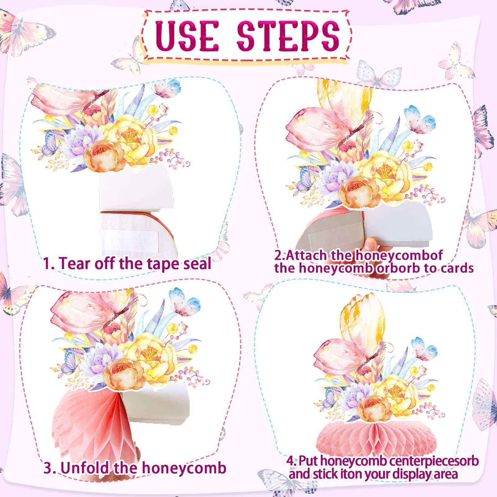 10pcs Butterfly Party Decorations - Spring Pink Purple Butterfly Flowers Centerpieces 3D Table Honeycomb Toppers for Girls Baby Shower Party Photo Prop Supplies