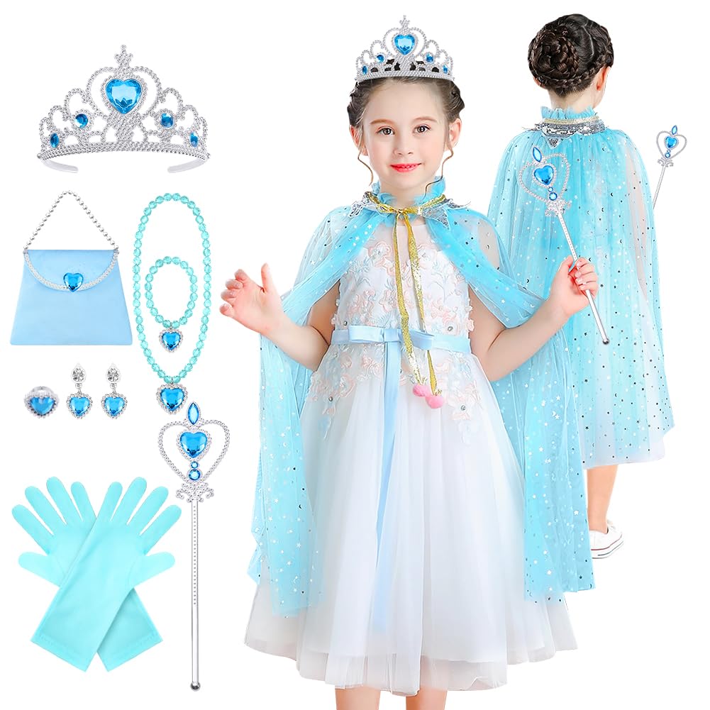 11-Piece Princess Cape Set with Crown, Wand, Jewelry, and Bag for Girls