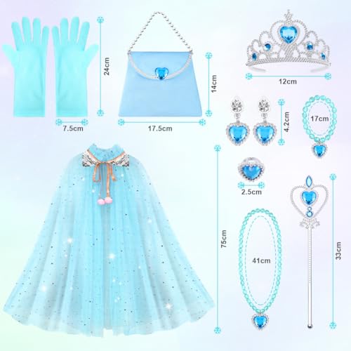 11-Piece Princess Cape Set with Crown, Wand, Jewelry, and Bag for Girls