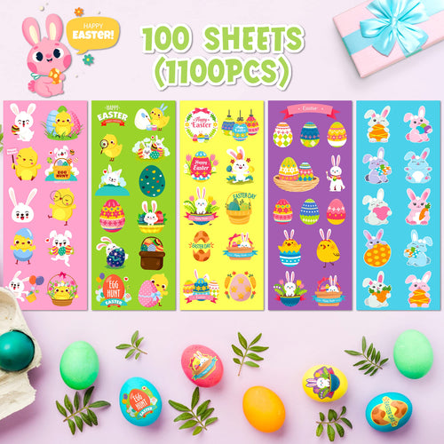 1100 Assorted Easter Stickers for Kids - 55 Designs, Reusable Vinyl