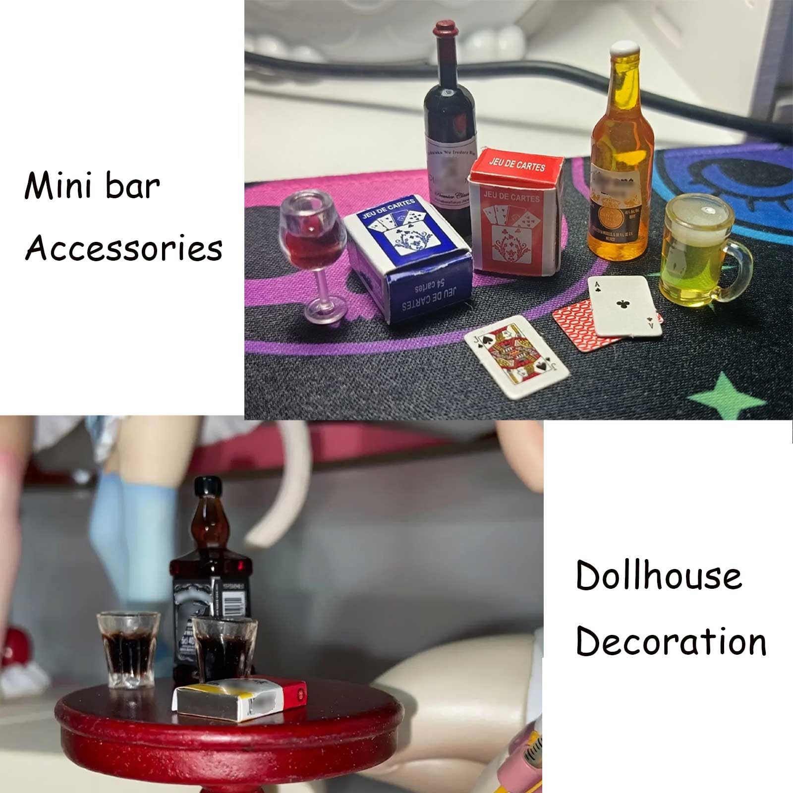 1:12 Scale Miniature Doll Accessories Set – 400 Pcs Fake Money, Playing Cards & Wine Bottle for Dollhouse