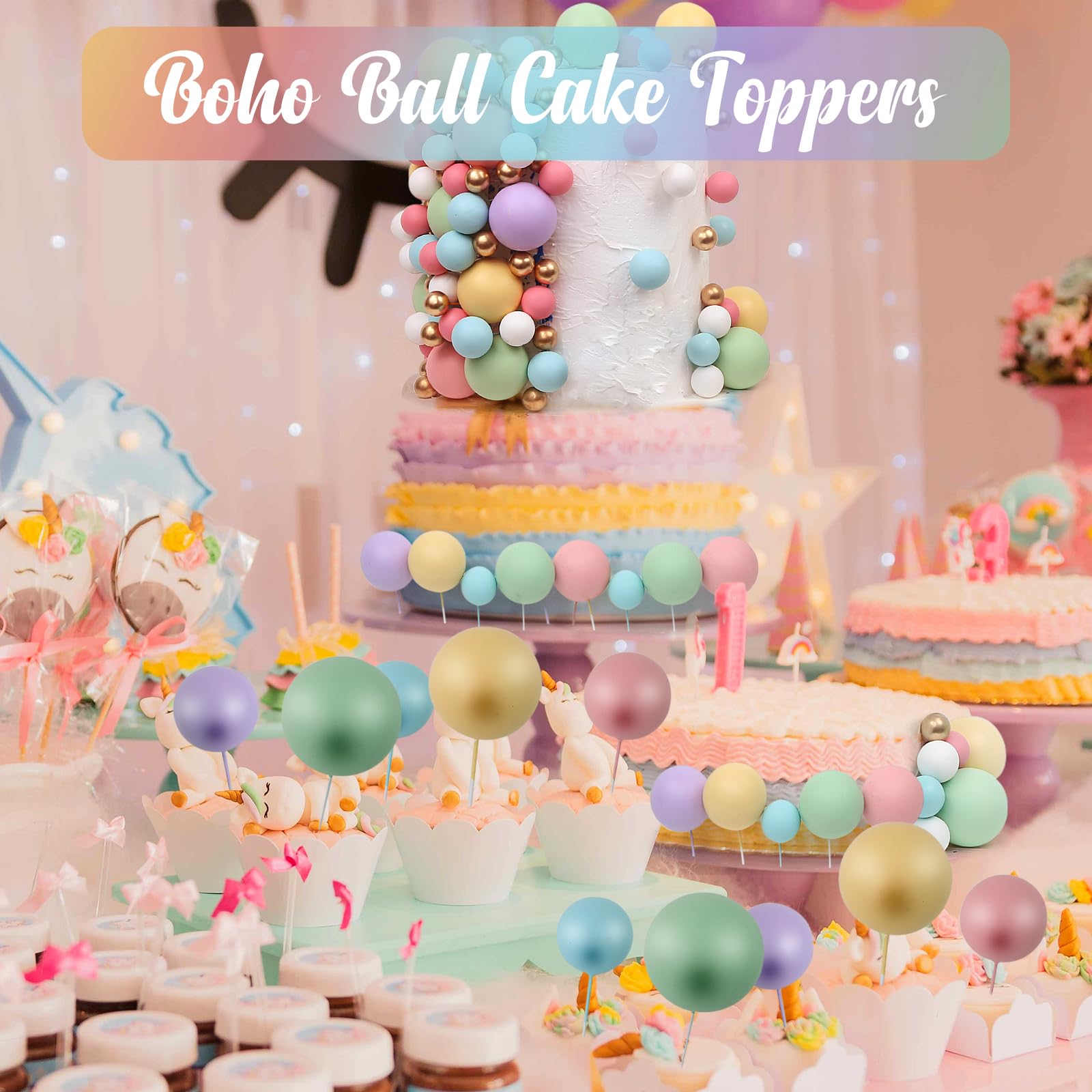 115 Pcs Pastel Foam Ball Cake Toppers - Mini Balloon Cupcake Picks for DIY Cakes, Birthday, Wedding, Baby Shower - 5 Sizes, Non-Edible