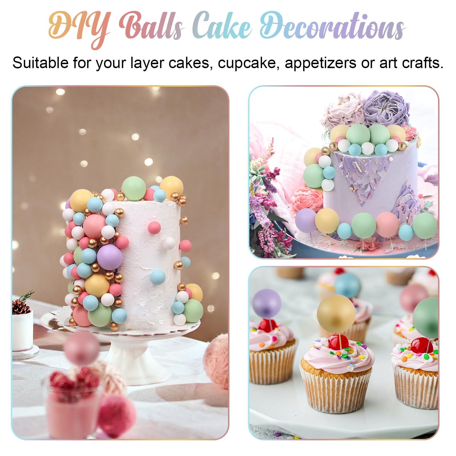 115 Pcs Pastel Foam Ball Cake Toppers - Mini Balloon Cupcake Picks for DIY Cakes, Birthday, Wedding, Baby Shower - 5 Sizes, Non-Edible
