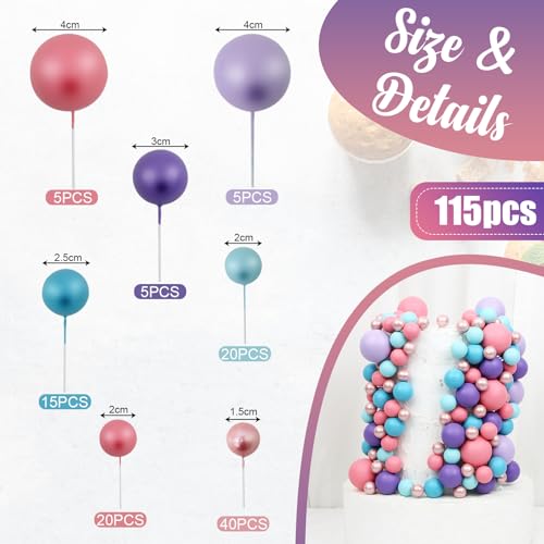 115-Piece Acmee Ball Cake Toppers Set - Mini Foam Balloon Cupcake Picks for DIY Cakes in Pink, Purple, Rose Gold, Blue