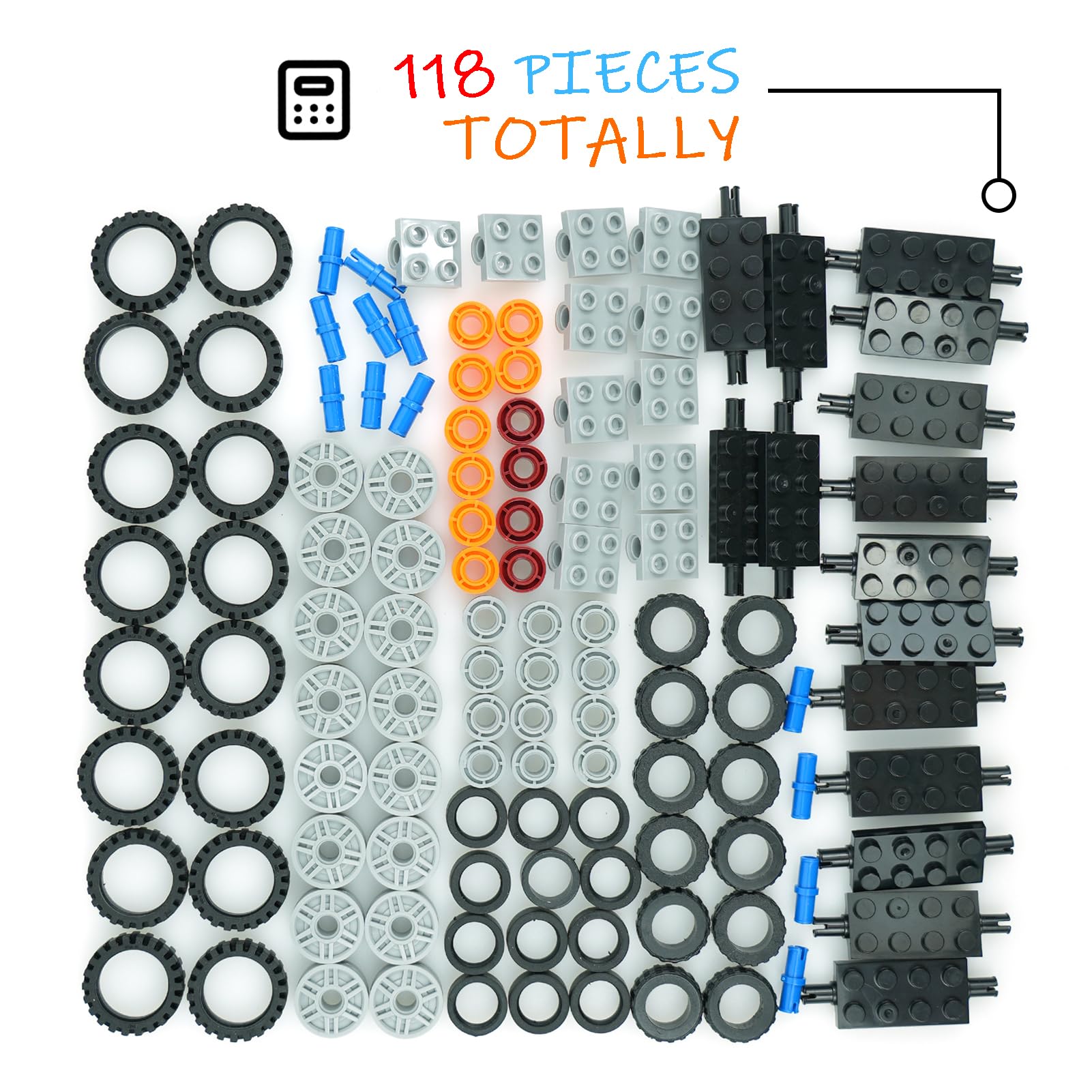 118-Piece Wheels and Axles Set – 3 Types of Tires & Rims for Building Blocks, Compatible with Major Brands, Bulk Vehicle Parts by Pasacho