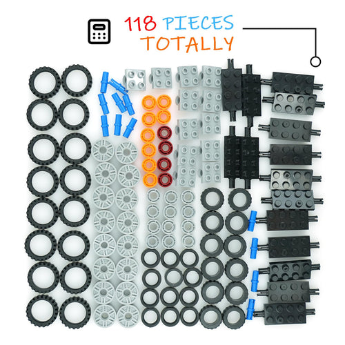 118-Piece Wheels and Axles Set – 3 Types of Tires & Rims for Building Blocks, Compatible with Major Brands, Bulk Vehicle Parts by Pasacho