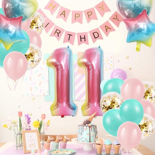 11th Birthday Balloon Set – Gradient Number 11 with Happy Birthday Banner for Girls and Boys