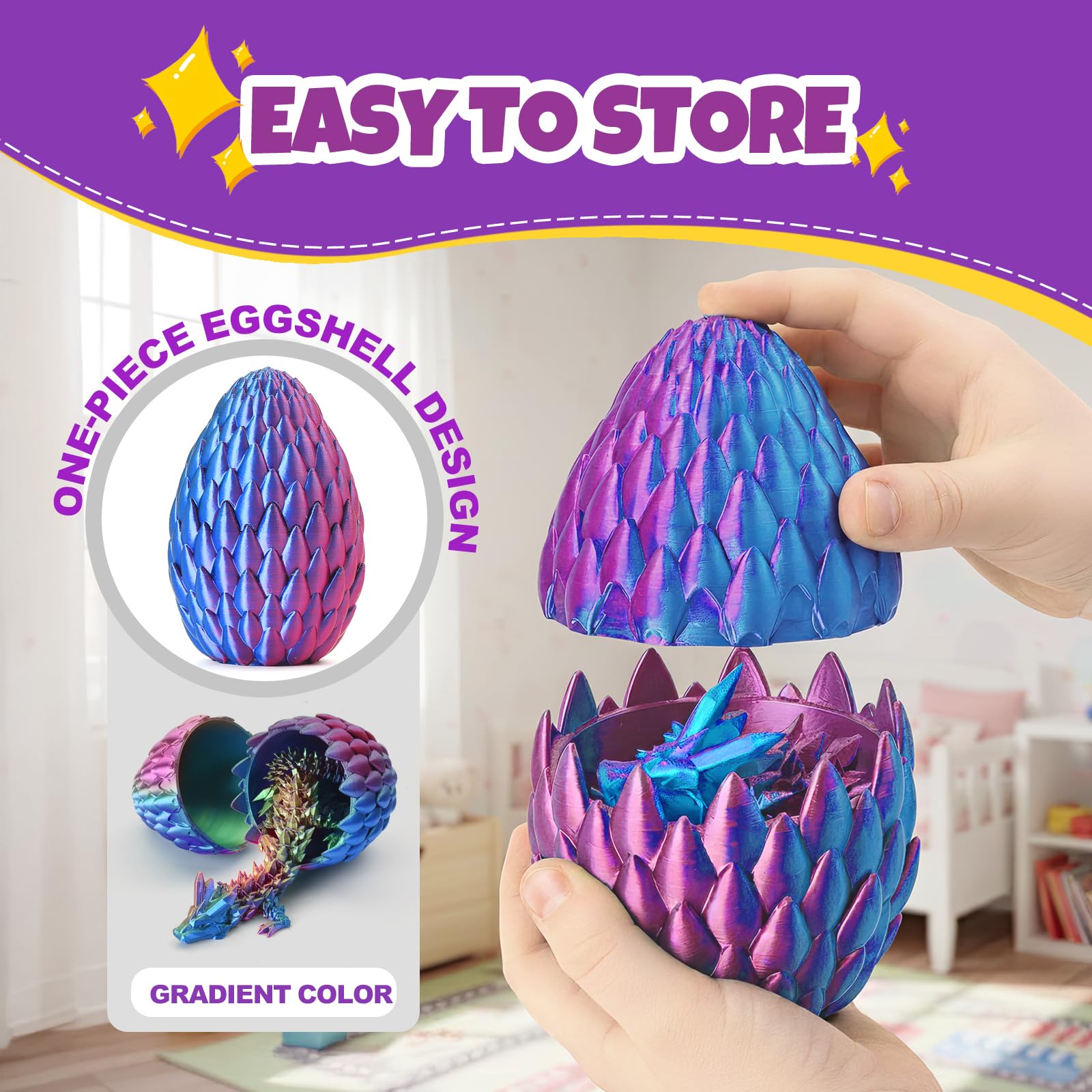 12" 3D Printed Dragon Egg with Poseable Chameleon - Color-Change Fidget Toy, Reusable Storage Box, Stress Relief Desk Decor for Kids & Teens
