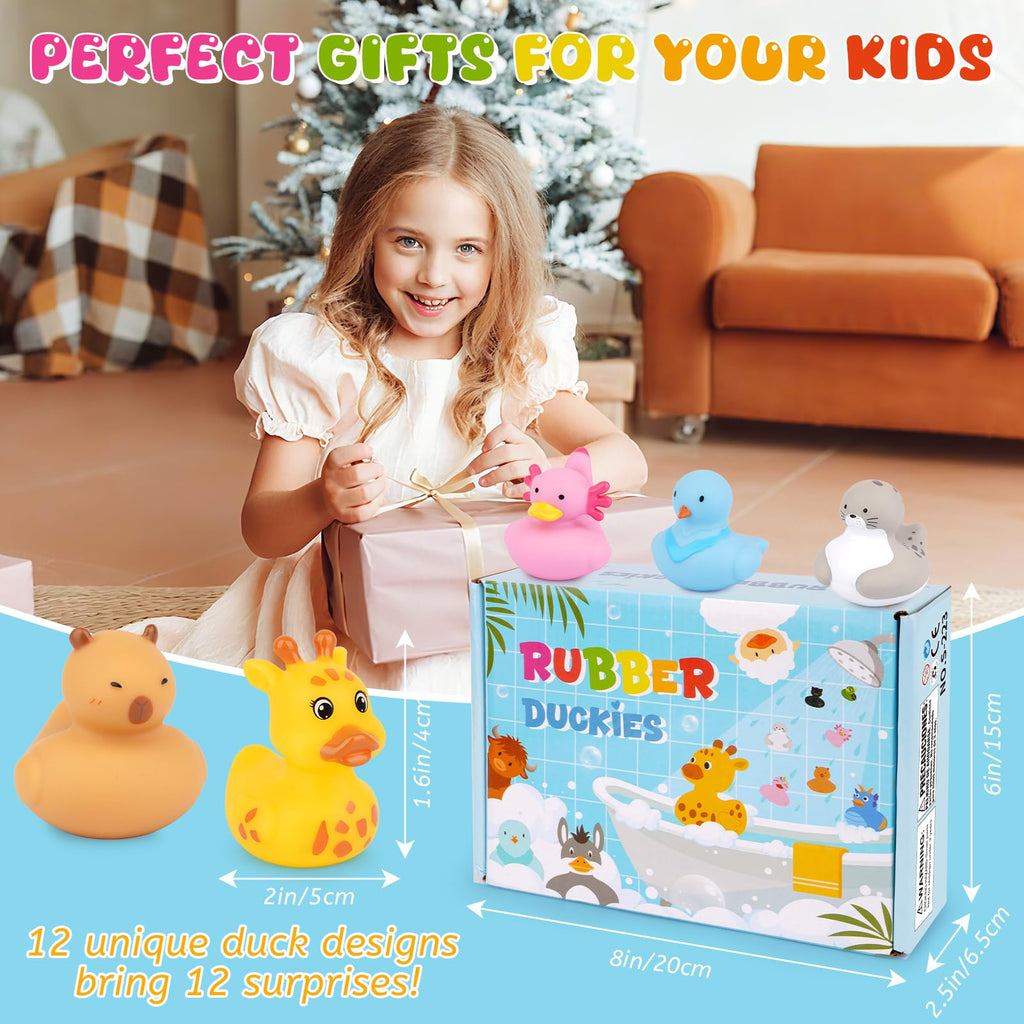 12 Assorted Mini Rubber Ducks – No-Hole Bath Toys with Animal Designs (Highland Cow, Black Cat, Sheep) by Prewplam