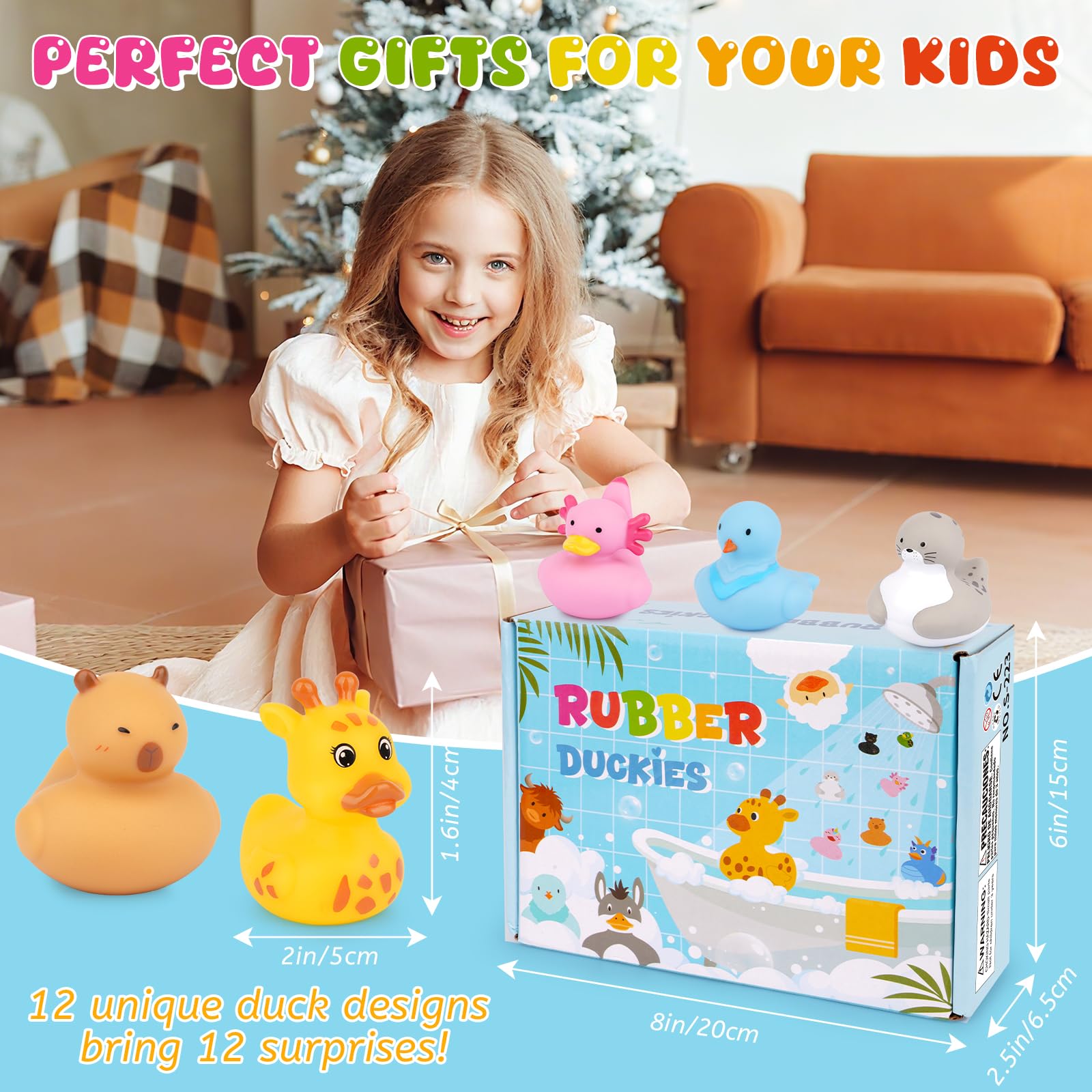 12 Assorted Mini Rubber Ducks – No-Hole Bath Toys with Animal Designs (Highland Cow, Black Cat, Sheep) by Prewplam