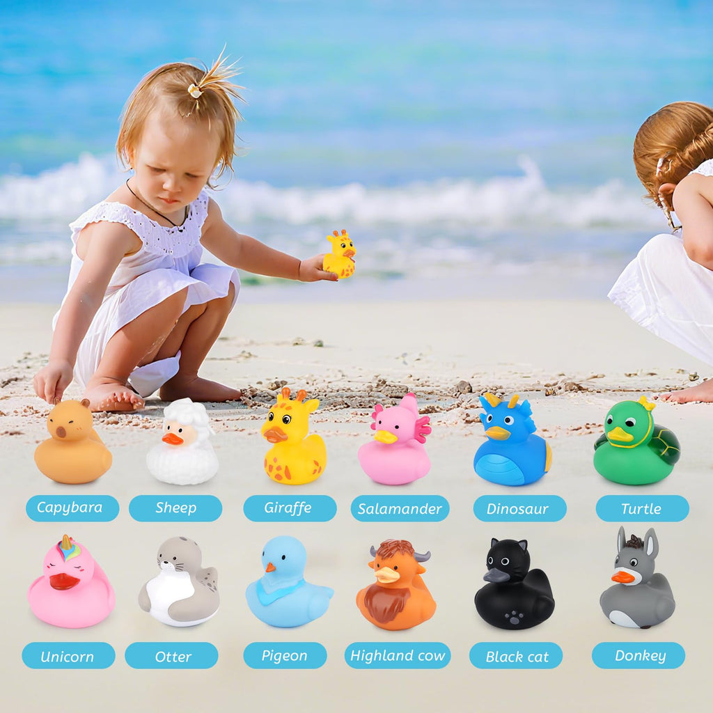 12 Assorted Mini Rubber Ducks – No-Hole Bath Toys with Animal Designs (Highland Cow, Black Cat, Sheep) by Prewplam