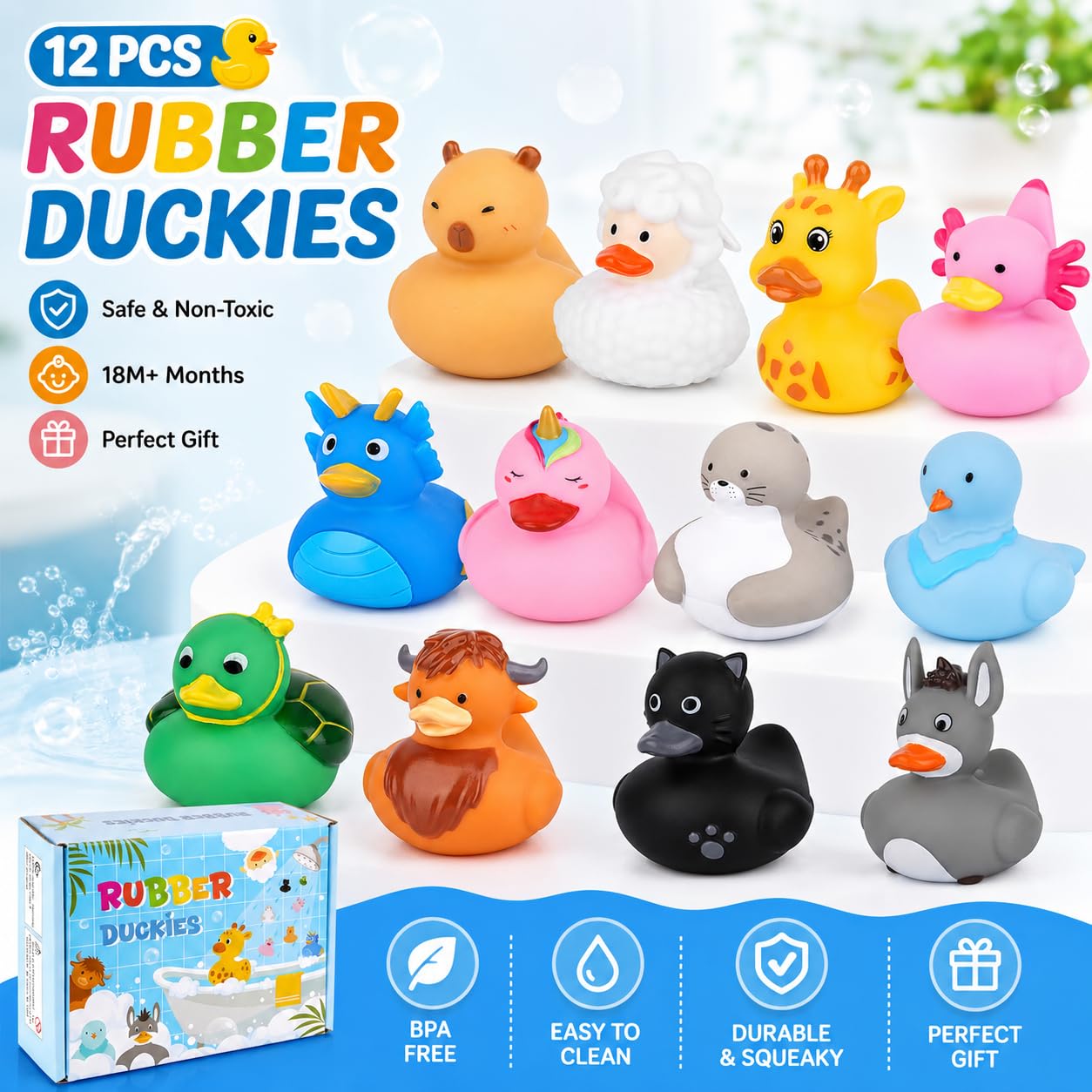 12 Assorted Mini Rubber Ducks – No-Hole Bath Toys with Animal Designs (Highland Cow, Black Cat, Sheep) by Prewplam