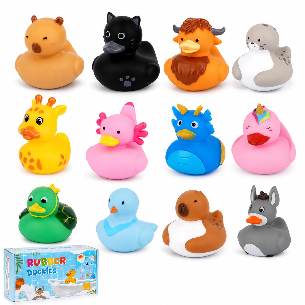 12 Assorted Mini Rubber Ducks – No-Hole Bath Toys with Animal Designs (Highland Cow, Black Cat, Sheep) by Prewplam