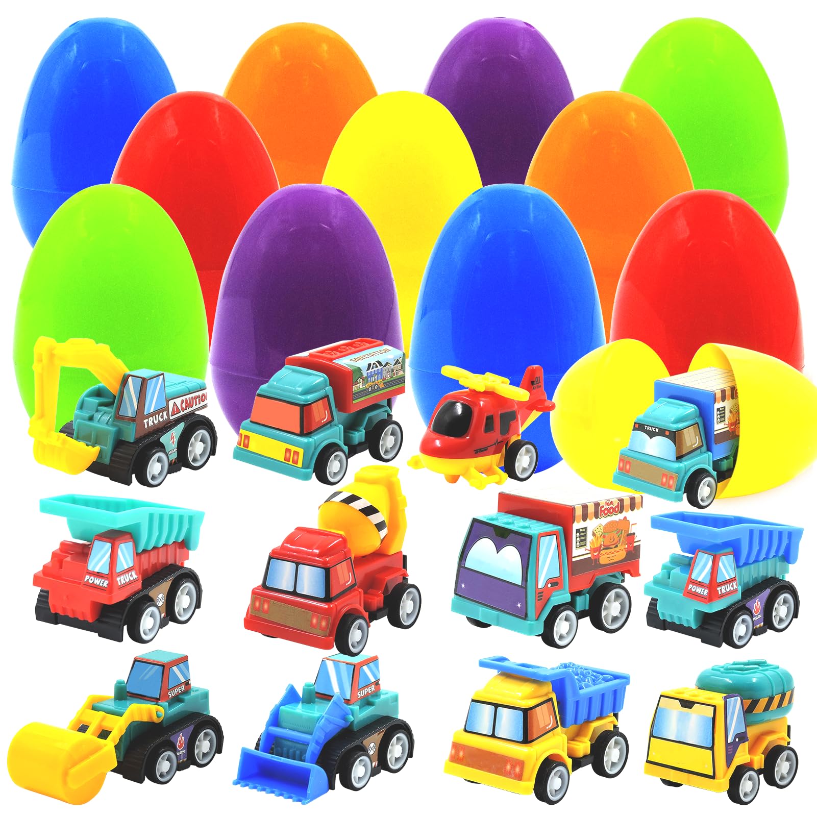 12 Easter Egg Fillers with Pull-Back Cars – Prefilled Construction Vehicle Toys for Kids Ages 3-8