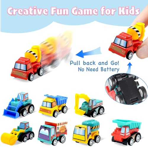 12 Easter Egg Fillers with Pull-Back Cars – Prefilled Construction Vehicle Toys for Kids Ages 3-8