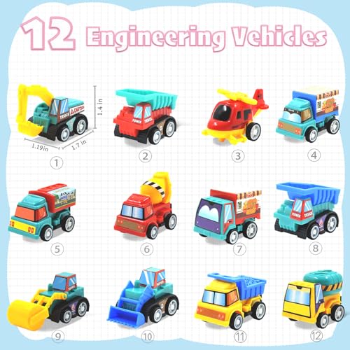 12 Easter Egg Fillers with Pull-Back Cars – Prefilled Construction Vehicle Toys for Kids Ages 3-8