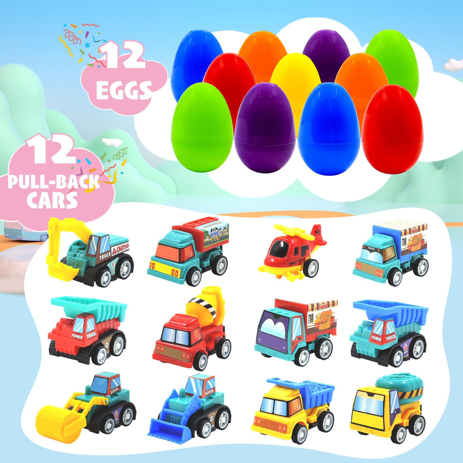 12 Easter Egg Fillers with Pull-Back Cars – Prefilled Construction Vehicle Toys for Kids Ages 3-8