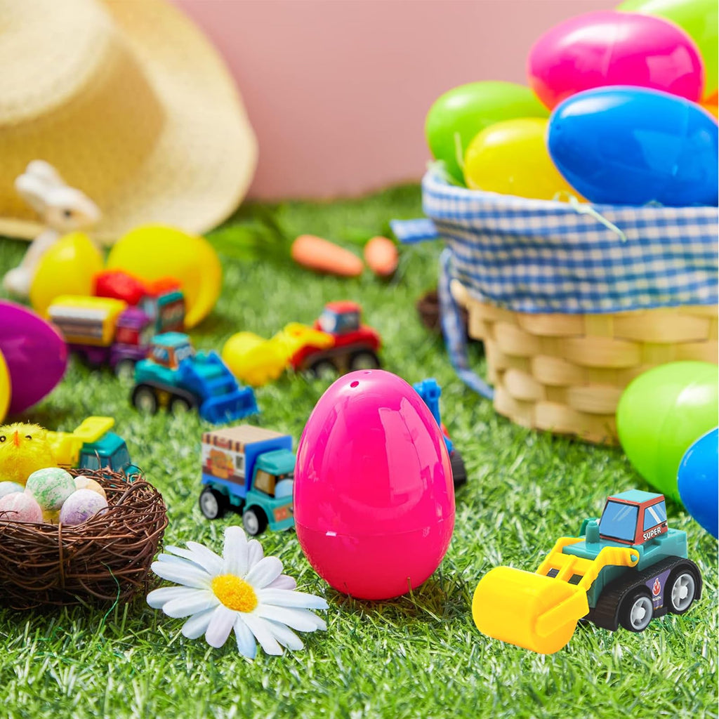 12 Easter Egg Fillers with Pull-Back Cars – Prefilled Construction Vehicle Toys for Kids Ages 3-8