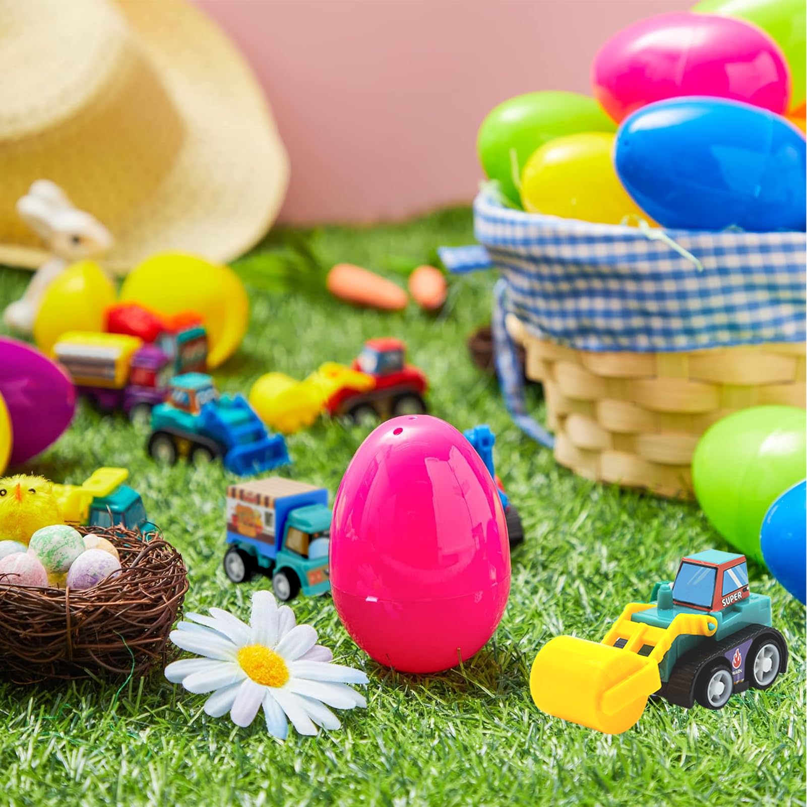 12 Easter Egg Fillers with Pull-Back Cars – Prefilled Construction Vehicle Toys for Kids Ages 3-8