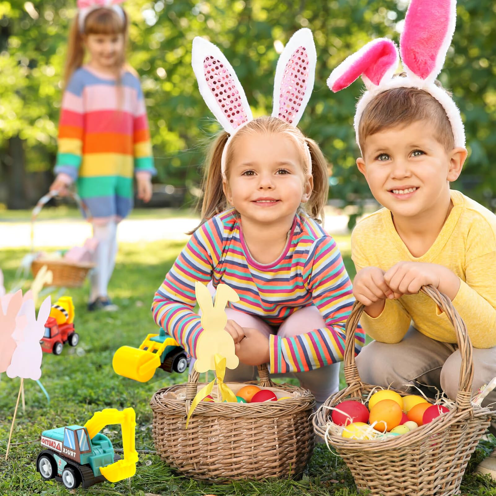 12 Easter Egg Fillers with Pull-Back Cars – Prefilled Construction Vehicle Toys for Kids Ages 3-8