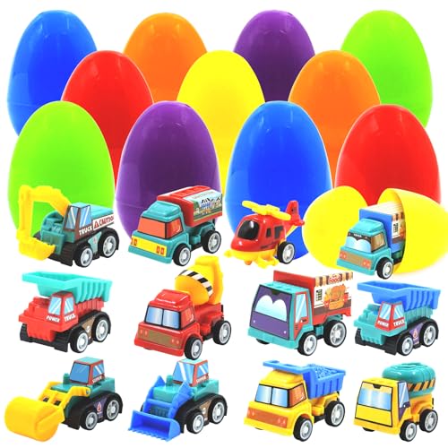 12 Easter Egg Fillers with Pull-Back Cars – Prefilled Construction Vehicle Toys for Kids Ages 3-8