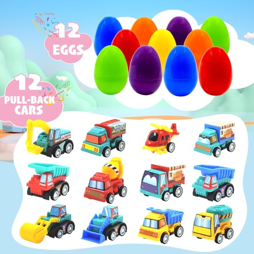 12 Easter Egg Fillers with Pull-Back Cars – Prefilled Construction Vehicle Toys for Kids Ages 3-8