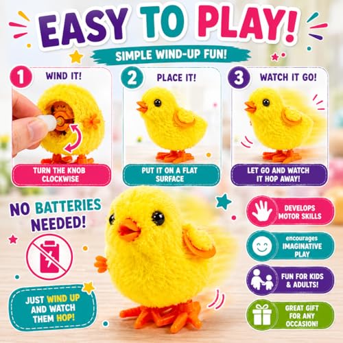 12 Fluffy Wind-Up Chick Toys Bulk Pack – Hopping Jumping Easter Basket Stuffers by Liberty Imports