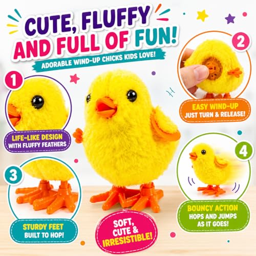 12 Fluffy Wind-Up Chick Toys Bulk Pack – Hopping Jumping Easter Basket Stuffers by Liberty Imports