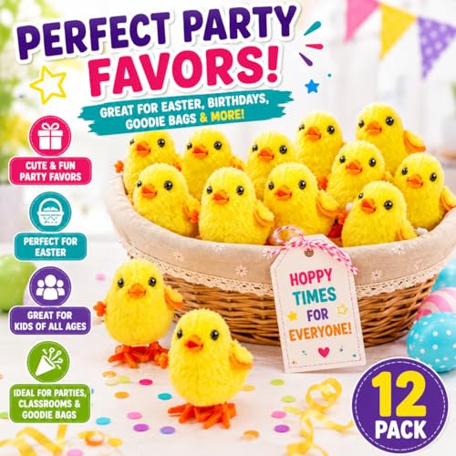 12 Fluffy Wind-Up Chick Toys Bulk Pack – Hopping Jumping Easter Basket Stuffers by Liberty Imports