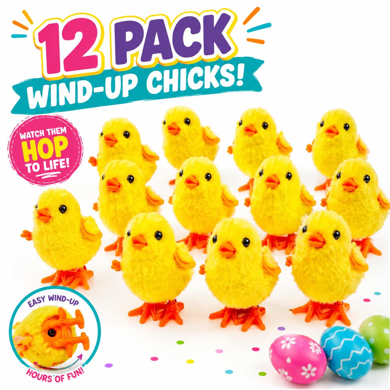 12 Fluffy Wind-Up Chick Toys Bulk Pack – Hopping Jumping Easter Basket Stuffers by Liberty Imports