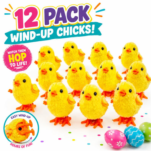 12 Fluffy Wind-Up Chick Toys Bulk Pack – Hopping Jumping Easter Basket Stuffers by Liberty Imports