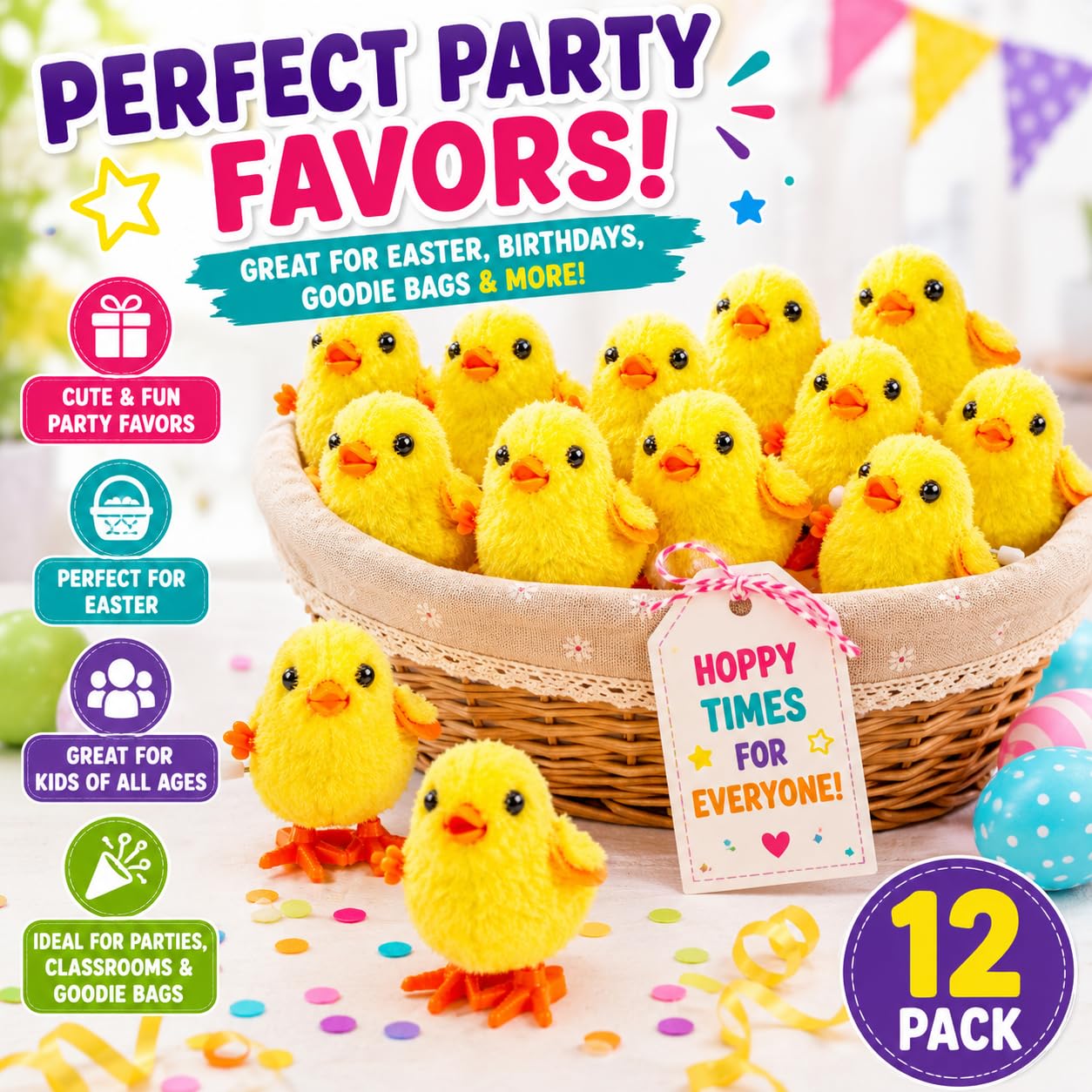 12 Fluffy Wind-Up Chick Toys Bulk Pack – Hopping Jumping Easter Basket Stuffers by Liberty Imports