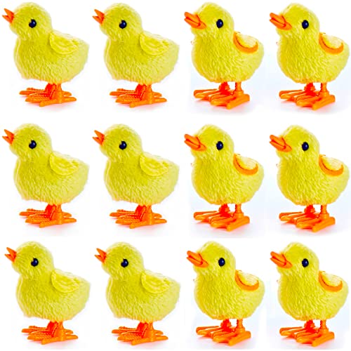 12 Fluffy Wind-Up Chick Toys Bulk Pack – Hopping Jumping Easter Basket Stuffers by Liberty Imports