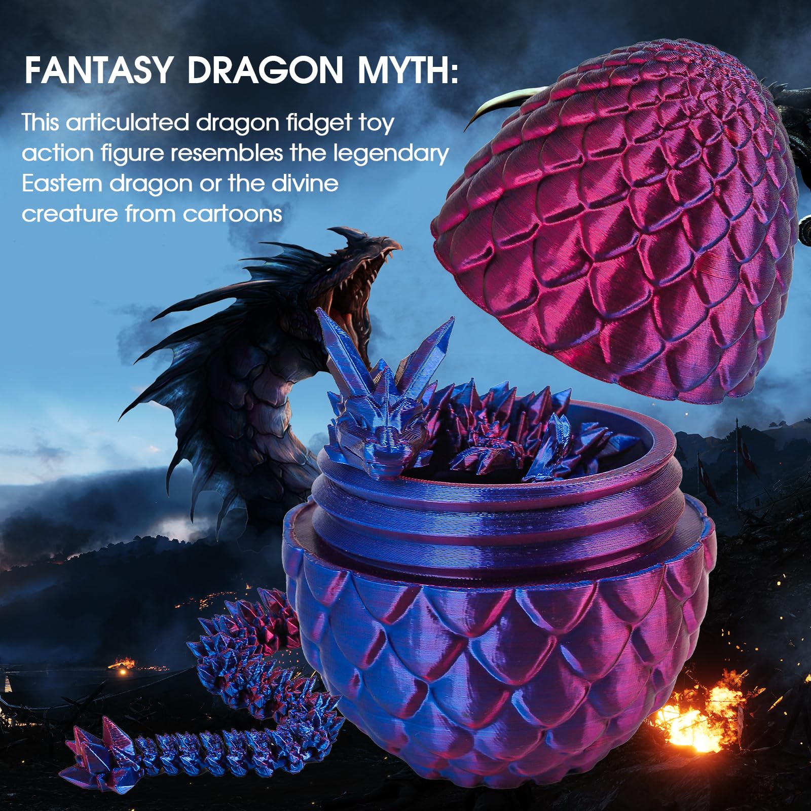 12 Inch 3D Printed Dragon Egg with Articulated Dragon Inside - Laser Purple Fidget Toy and Desk Decor by Miai Home