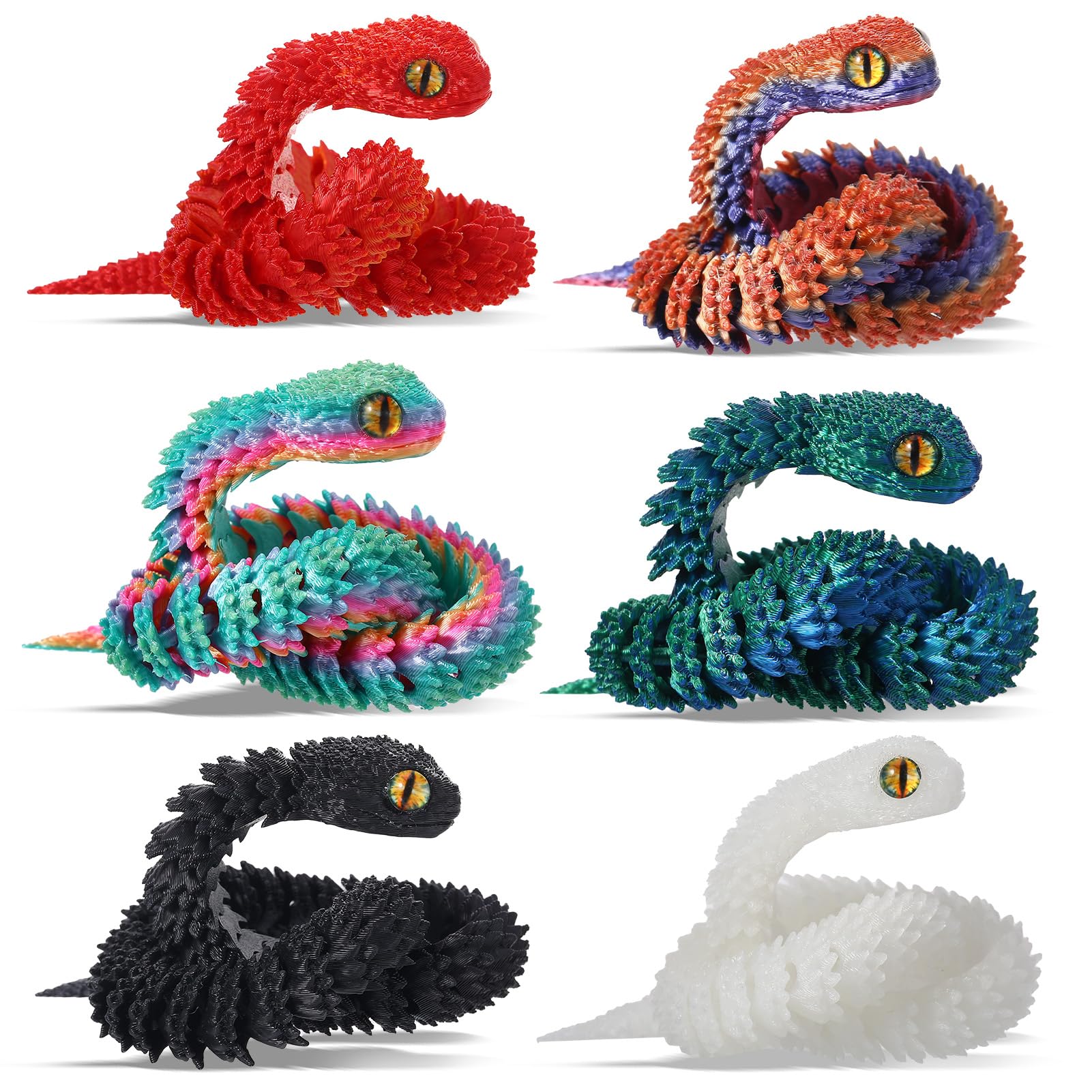 12-Inch 3D Printed Snake Toys – 6 Pack Flexible PLA Figures for Desk Decor and Stress Relief