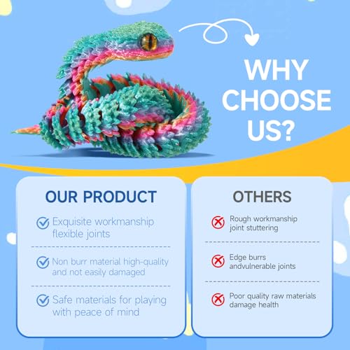 12-Inch 3D Printed Snake Toys – 6 Pack Flexible PLA Figures for Desk Decor and Stress Relief