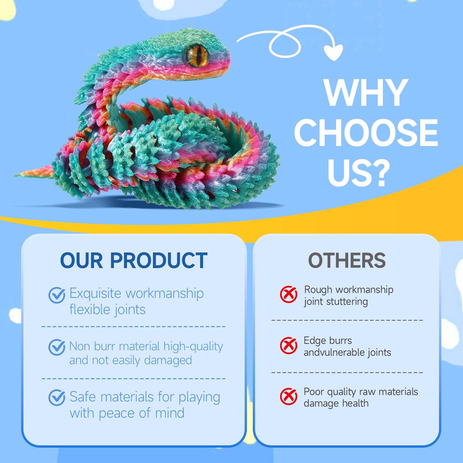 12-Inch 3D Printed Snake Toys – 6 Pack Flexible PLA Figures for Desk Decor and Stress Relief