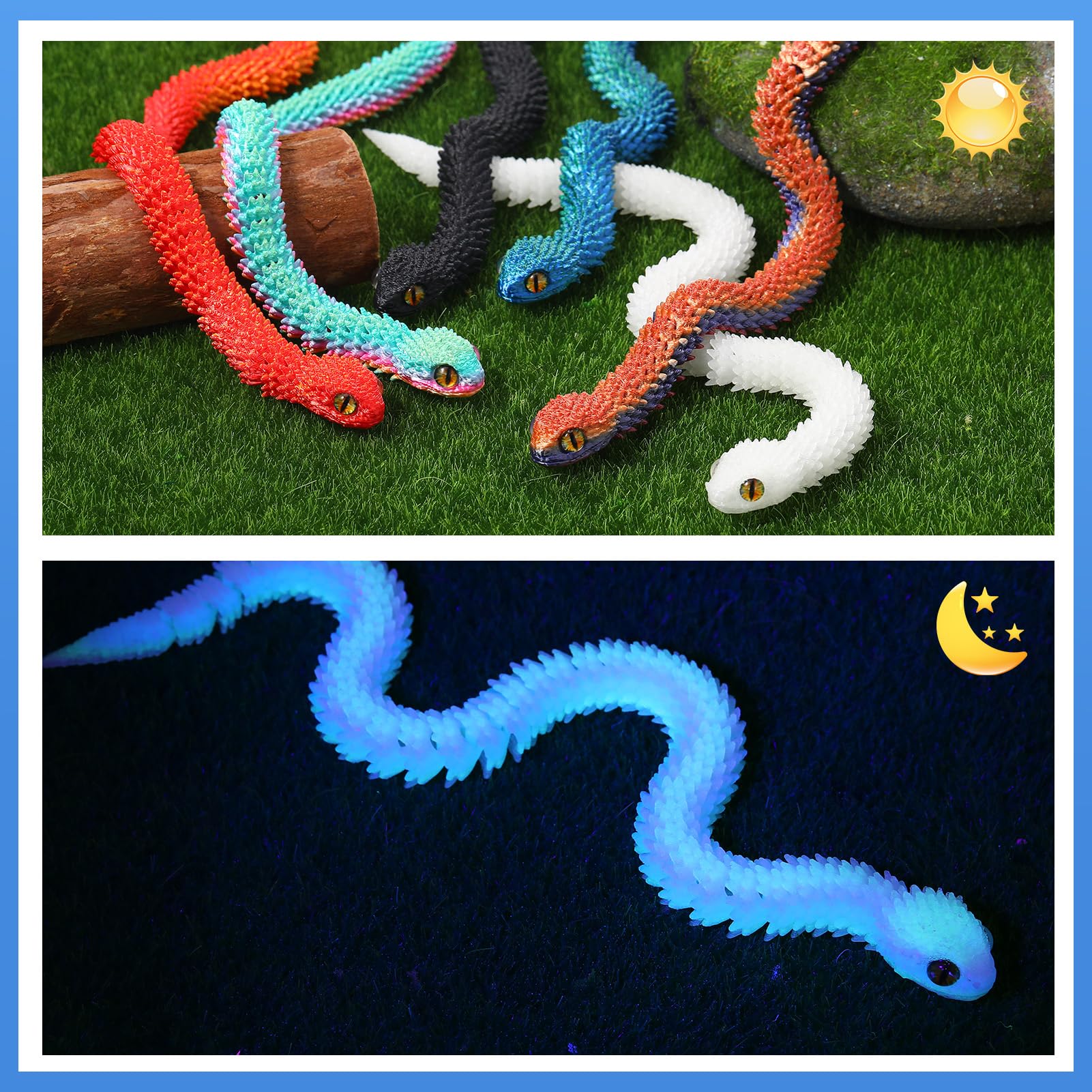 12-Inch 3D Printed Snake Toys – 6 Pack Flexible PLA Figures for Desk Decor and Stress Relief
