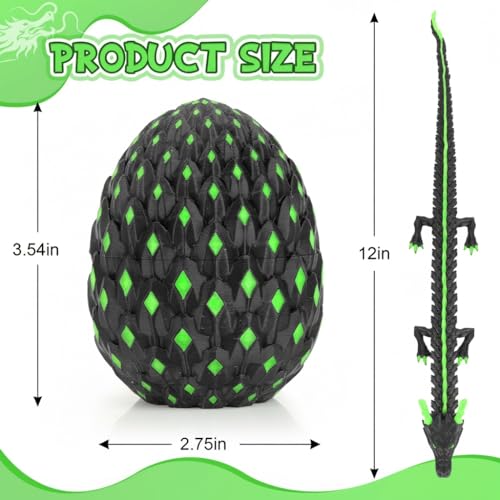 12-Inch Dark Green Glow-in-the-Dark Dragon Egg Fidget Toy by OKYUK – Articulated Dragon with Hidden Compartment, PLA 3D Print