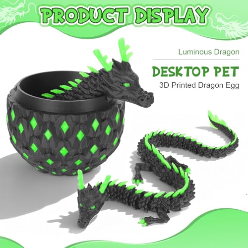 12-Inch Dark Green Glow-in-the-Dark Dragon Egg Fidget Toy by OKYUK – Articulated Dragon with Hidden Compartment, PLA 3D Print