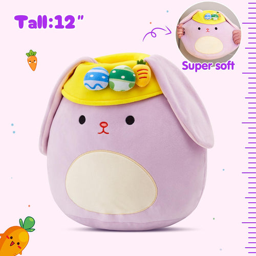 12 Inch Purple Easter Bunny Plush Pillow with Floppy Ears and Egg Hat – Soft Hugging Stuffed Animal for Kids and Home Decor