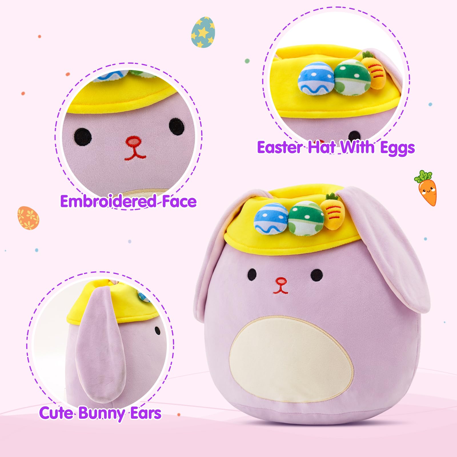 12 Inch Purple Easter Bunny Plush Pillow with Floppy Ears and Egg Hat – Soft Hugging Stuffed Animal for Kids and Home Decor